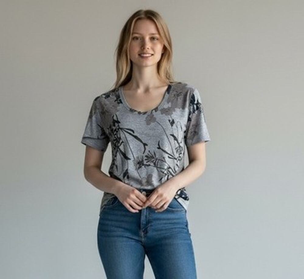 Lucky Brand Women's Gray Floral Scoop Neck High Low T-shirt Top Small NWOT